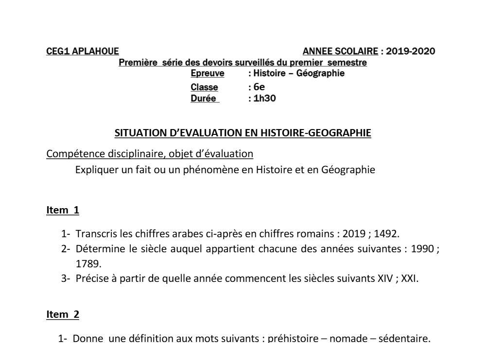 Aperçu de la première page — Histoire Géographie 6e Devoir 1 Semestre 1 CEG1 Aplahoué 2019 2020