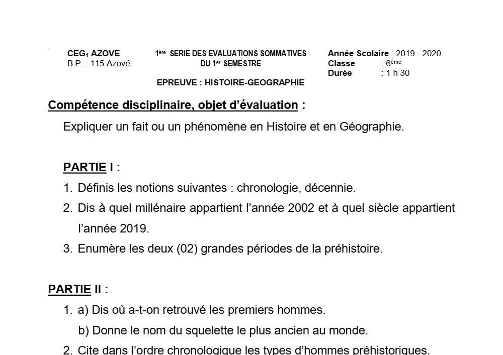 Aperçu de la première page — Histoire Géographie 6e Devoir 1 Semestre 1 CEG1 Azové 2019 2020