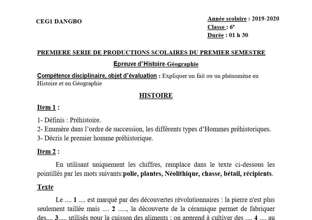 Aperçu de la première page — Histoire Géographie 6e Devoir 1 Semestre 1 CEG1 Dangbo 2019 2020