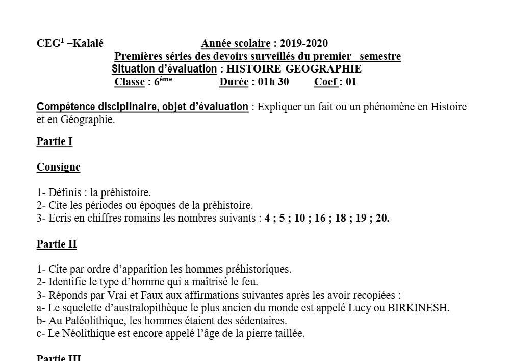 Aperçu de la première page — Histoire Géographie 6e Devoir 1 Semestre 1 CEG1 Kalalé 2019 2020