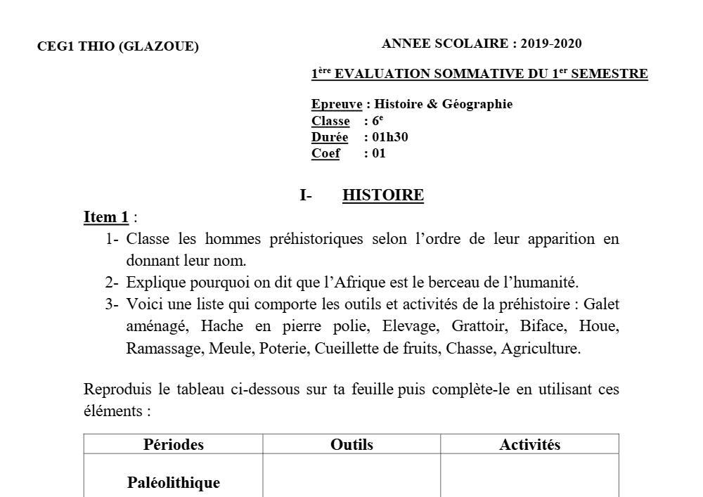Aperçu de la première page — Histoire Géographie 6e Devoir 1 Semestre 1 CEG1 Thio 2019 2020