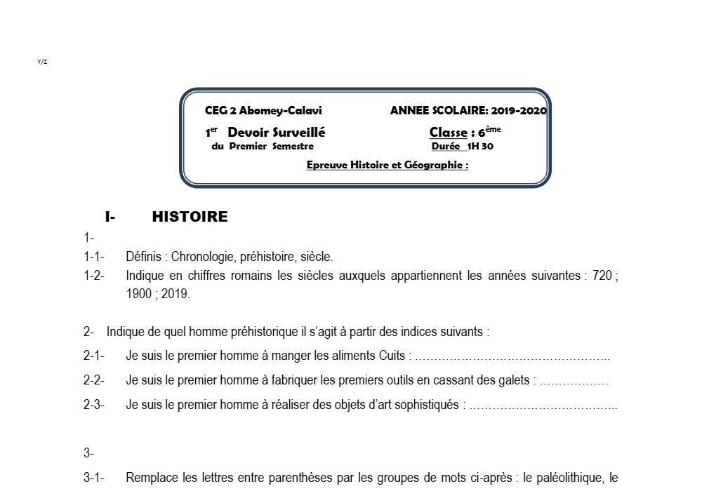 Aperçu de la première page — Histoire Géographie 6e Devoir 1 Semestre 1 CEG2 Abomey Calavi 2019 2020