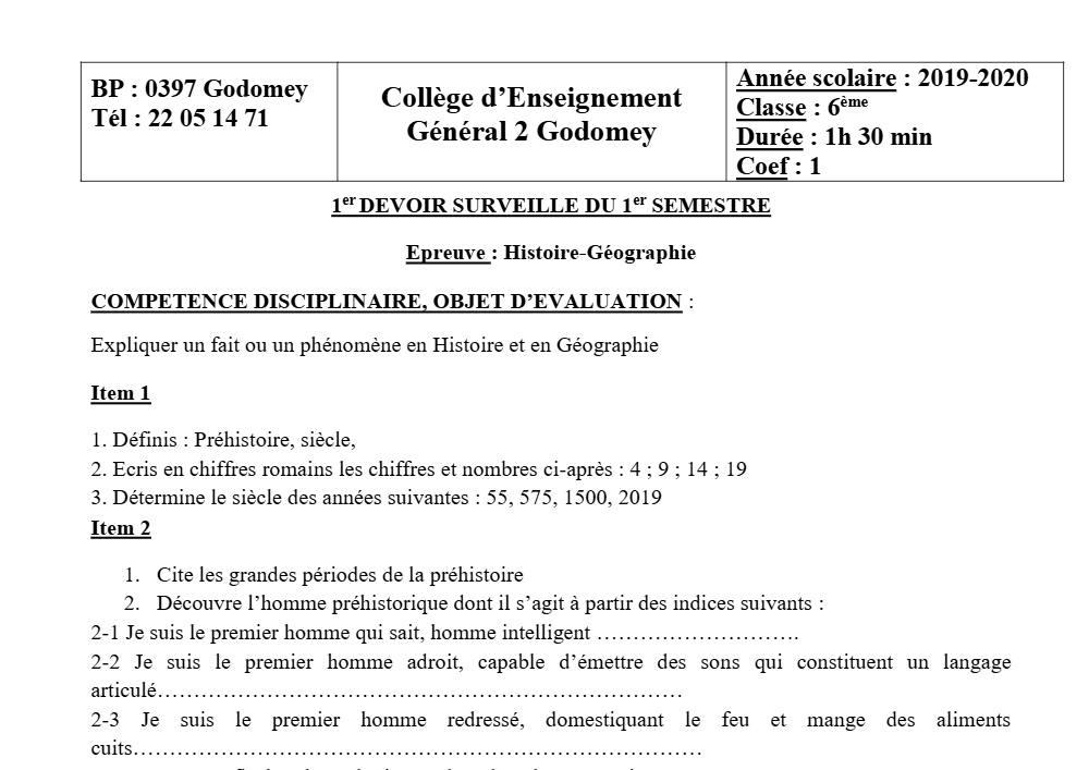 Aperçu de la première page — Histoire Géographie 6e Devoir 1 Semestre 1 CEG2 Godomey 2019 2020