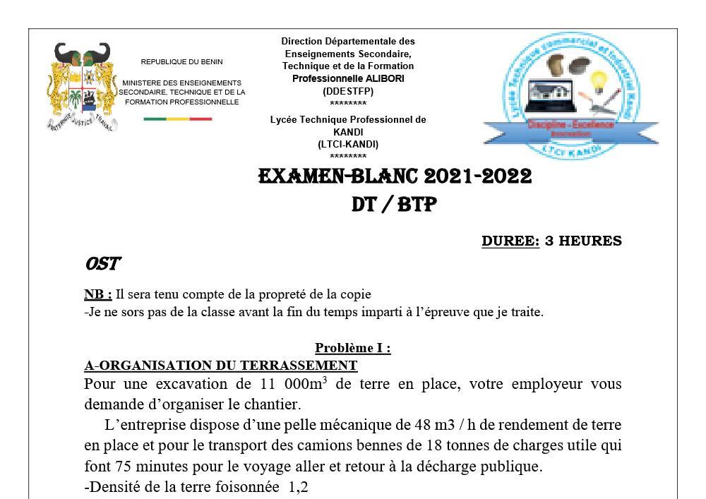 Aperçu de la première page — BTP - Examen blanc Terminale (Tle) - OST-MÉTRÉ