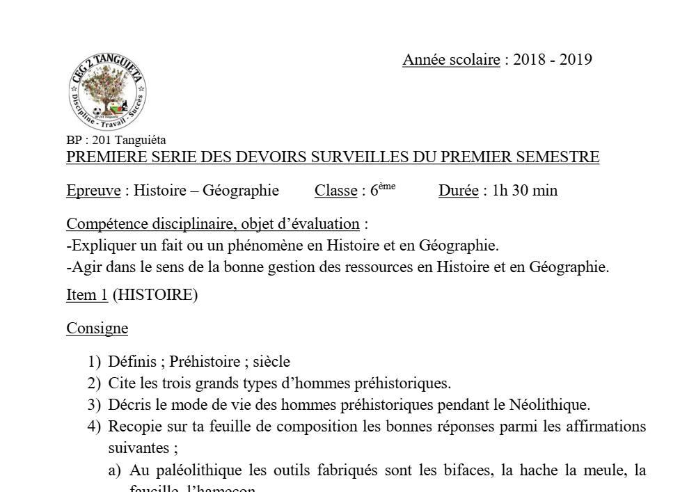 Aperçu de la première page — Histoire Géographie 6e Devoir 1 Semestre 1 CEG2 Tanguieta 2018 2019