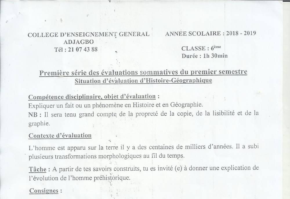 Aperçu de la première page — Histoire Géographie 6e Devoir 1 Semestre 1 CEG Adjagbo 2018 2019