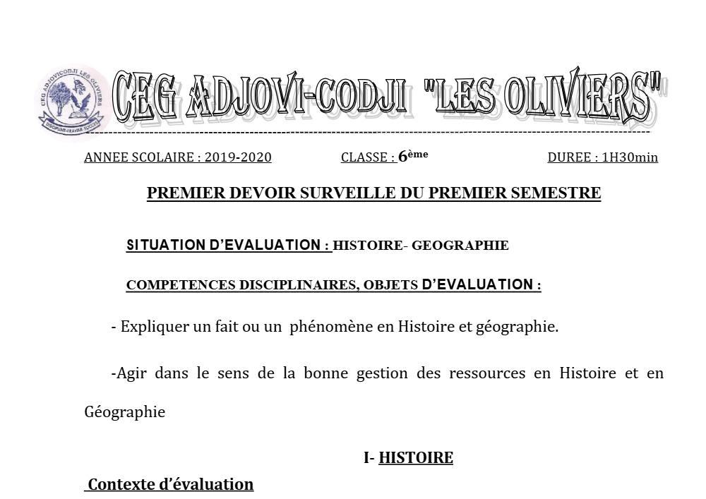 Aperçu de la première page — Histoire Géographie 6e Devoir 1 Semestre 1 CEG Adjovi Codji 2019 2020