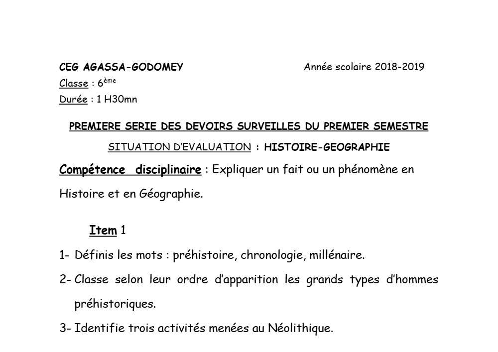 Aperçu de la première page — Histoire Géographie 6e Devoir 1 Semestre 1 CEG Agassa Godomey 2018 2019