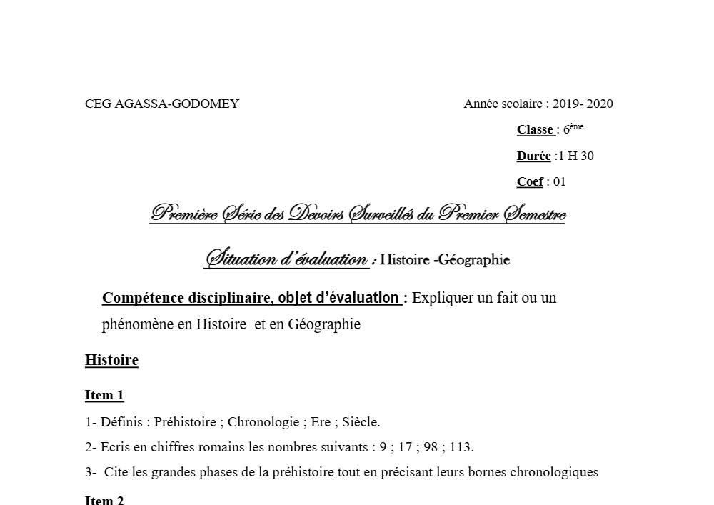 Aperçu de la première page — Histoire Géographie 6e Devoir 1 Semestre 1 CEG Agassa Godomey 2019 2020