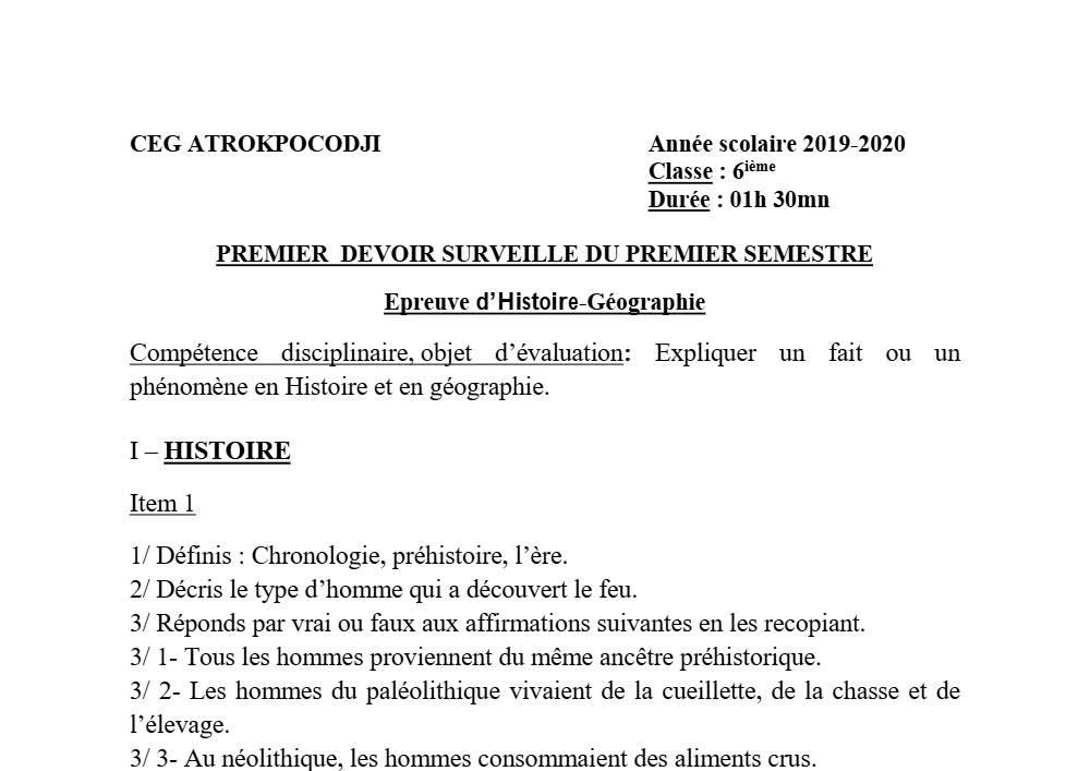 Aperçu de la première page — Histoire Géographie 6e Devoir 1 Semestre 1 CEG Atrokpocodji 2019 2020