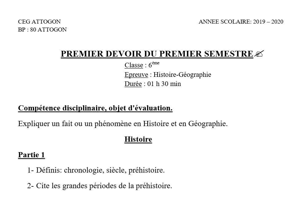 Aperçu de la première page — Histoire Géographie 6e Devoir 1 Semestre 1 CEG Attogon 2019 2020