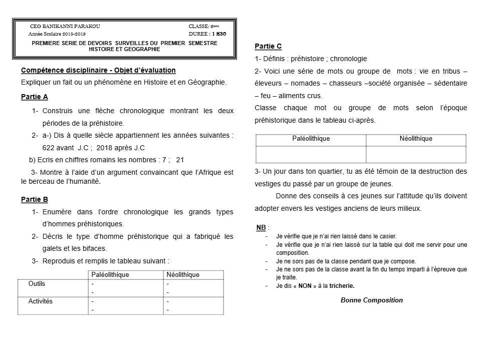Aperçu de la première page — Histoire Géographie 6e Devoir 1 Semestre 1 CEG Banikanni 2018 2019