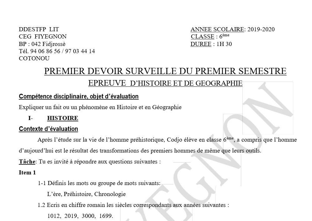 Aperçu de la première page — Histoire Géographie 6e Devoir 1 Semestre 1 CEG Fiyegnon 2019 2020