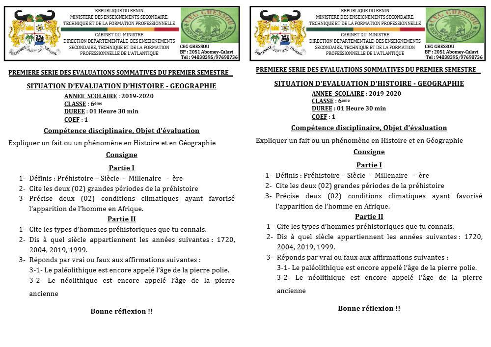 Aperçu de la première page — Histoire Géographie 6e Devoir 1 Semestre 1 CEG Gbessou 2019 2020
