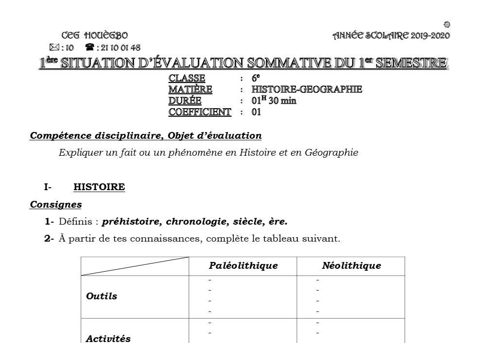 Aperçu de la première page — Histoire Géographie 6e Devoir 1 Semestre 1 CEG Houegbo 2019 2020