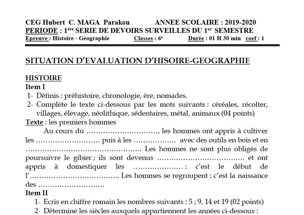 Aperçu de la première page — Histoire Géographie 6e Devoir 1 Semestre 1 CEG Hubert C Maga 2019 2020