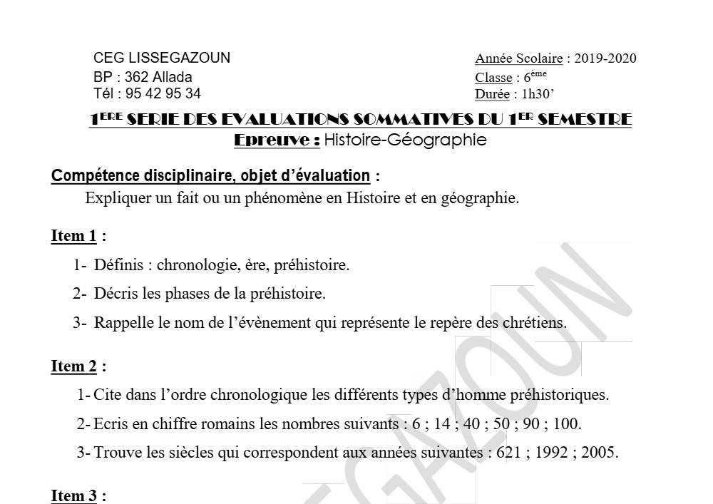 Aperçu de la première page — Histoire Géographie 6e Devoir 1 Semestre 1 CEG Lissegazoun 2019 2020