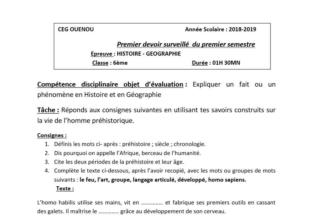 Aperçu de la première page — Histoire Géographie 6e Devoir 1 Semestre 1 CEG Ouenou 2018 2019