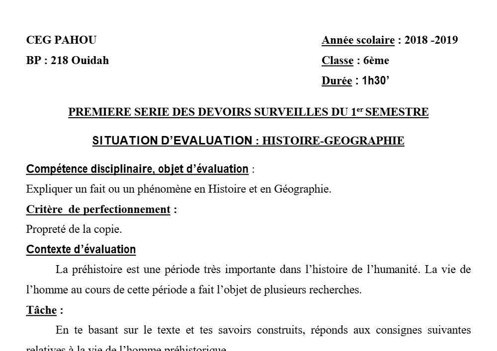 Aperçu de la première page — Histoire Géographie 6e Devoir 1 Semestre 1 CEG Pahou 2018 2019