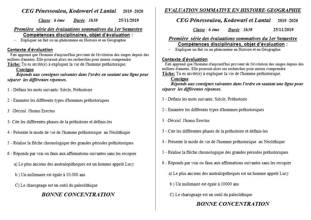 Aperçu de la première page — Histoire Géographie 6e Devoir 1 Semestre 1 CEG Penessoulou 2019 2020