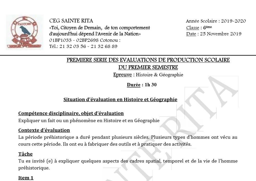 Aperçu de la première page — Histoire Géographie 6e Devoir 1 Semestre 1 CEG Sainte Rita 2019 2020