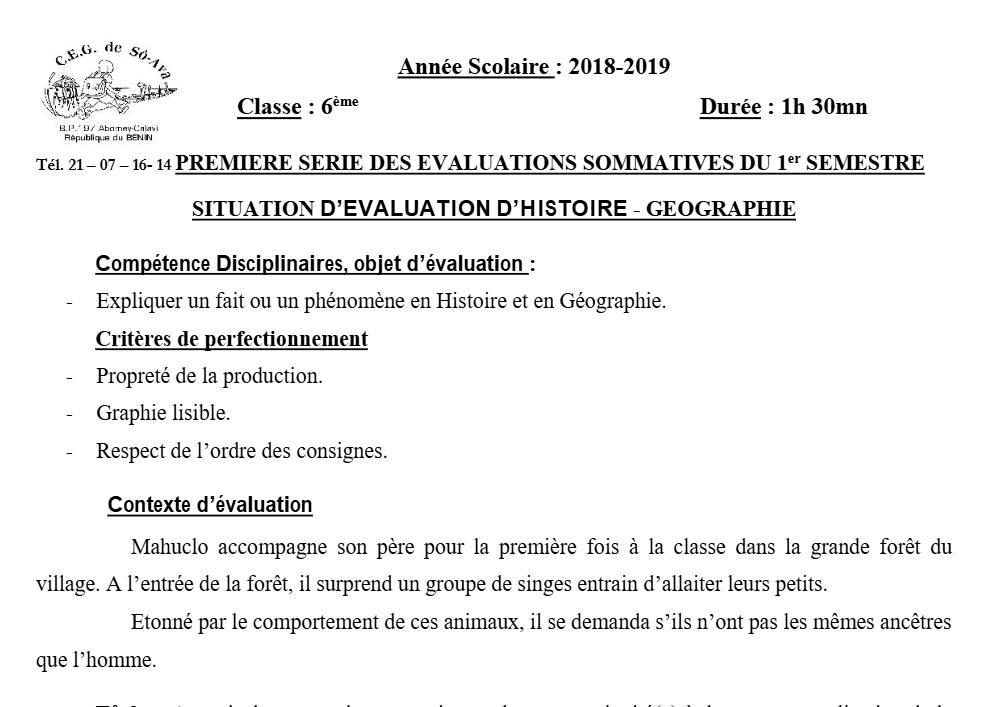 Aperçu de la première page — Histoire Géographie 6e Devoir 1 Semestre 1 CEG So Ava 2018 2019