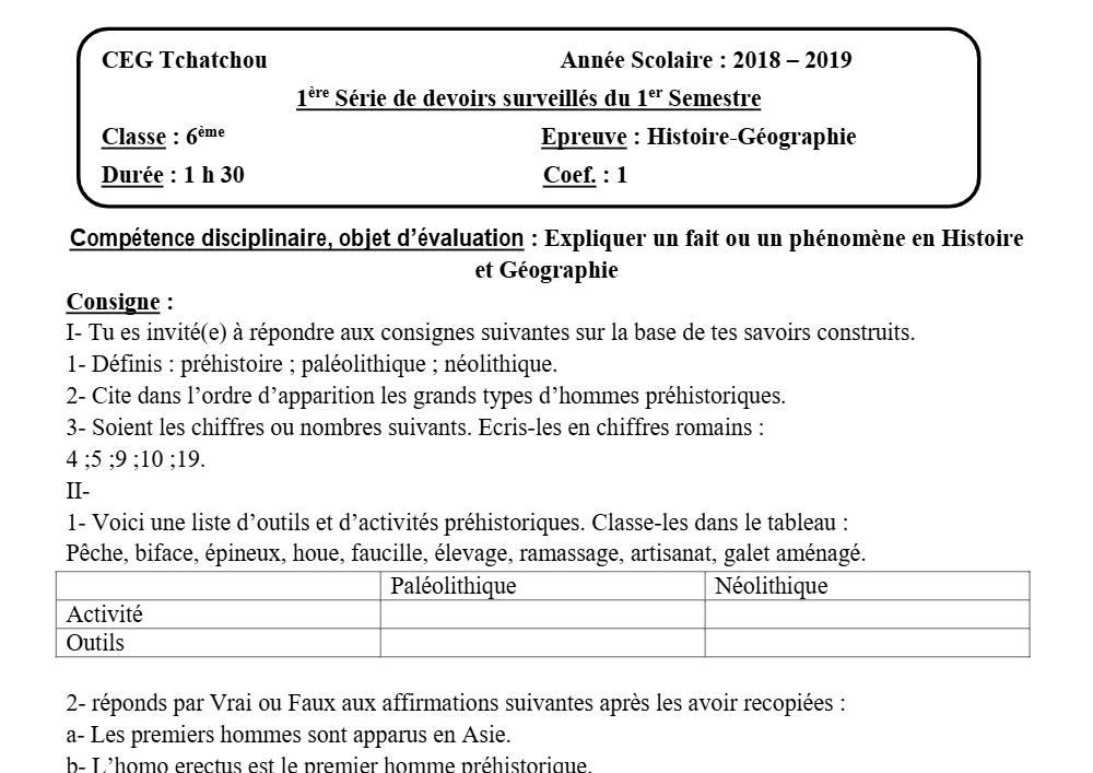 Aperçu de la première page — Histoire Géographie 6e Devoir 1 Semestre 1 CEG Tchatchou 2018 2019