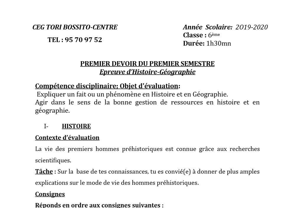 Aperçu de la première page — Histoire Géographie 6e Devoir 1 Semestre 1 CEG Tori Bossito 2019 2020