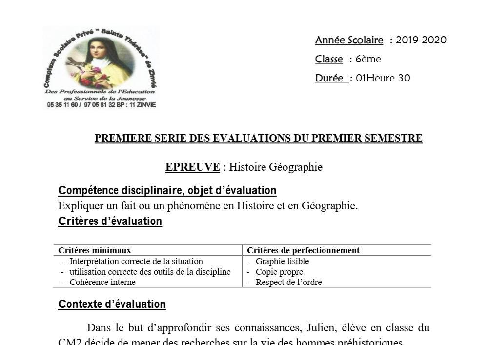 Aperçu de la première page — Histoire Géographie 6e Devoir 1 Semestre 1 CS Sainte Therese 2019 2020