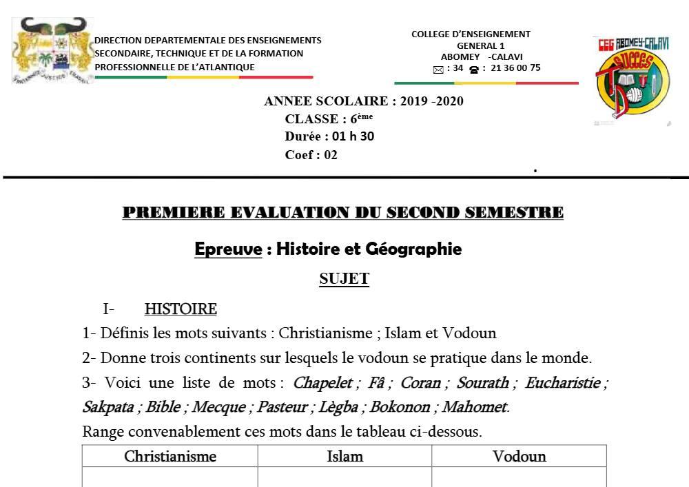 Aperçu de la première page — Histoire Géographie 6e Devoir 1 Semestre 2 CEG1 Abomey Calavi 2019 2020