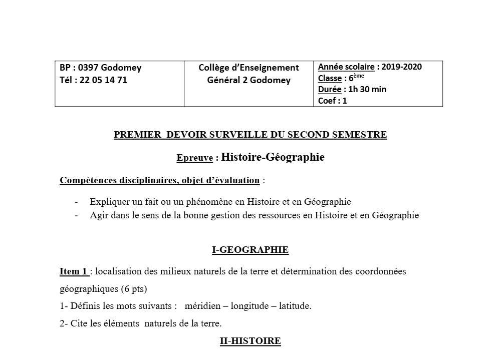 Aperçu de la première page — Histoire Géographie 6e Devoir 1 Semestre 2 CEG2 Godomey 2019 2020