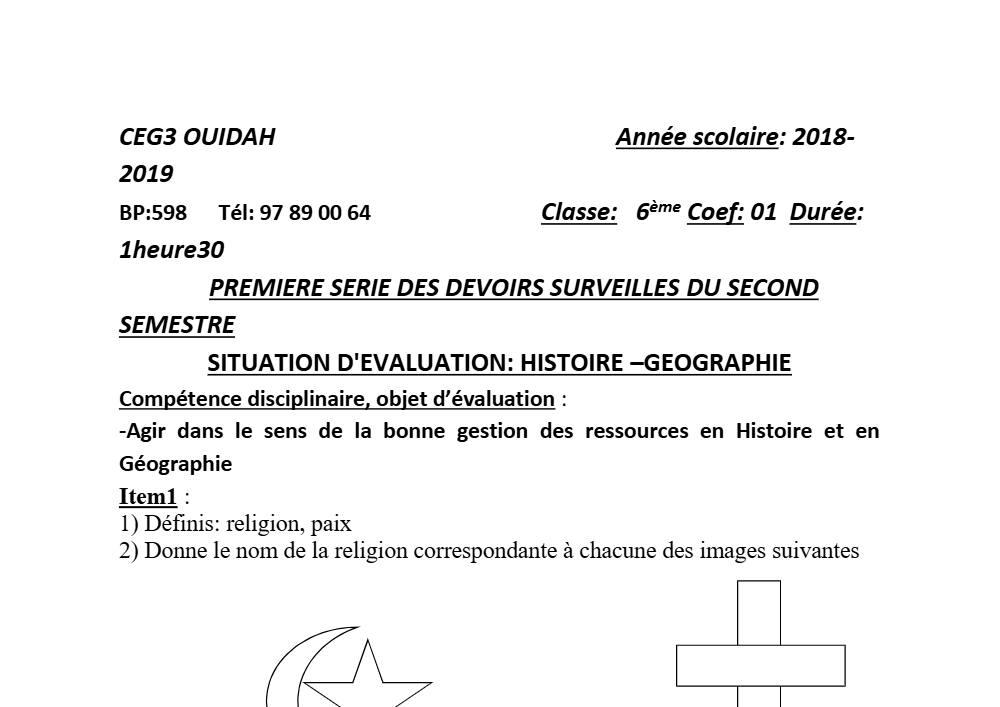 Aperçu de la première page — Histoire Géographie 6e Devoir 1 Semestre 2 CEG3 Ouidah 2018 2019