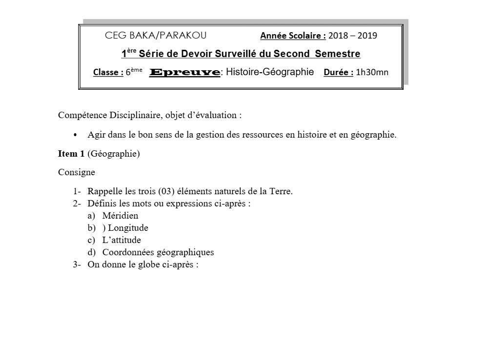 Aperçu de la première page — Histoire Géographie 6e Devoir 1 Semestre 2 CEG Baka 2018 2019