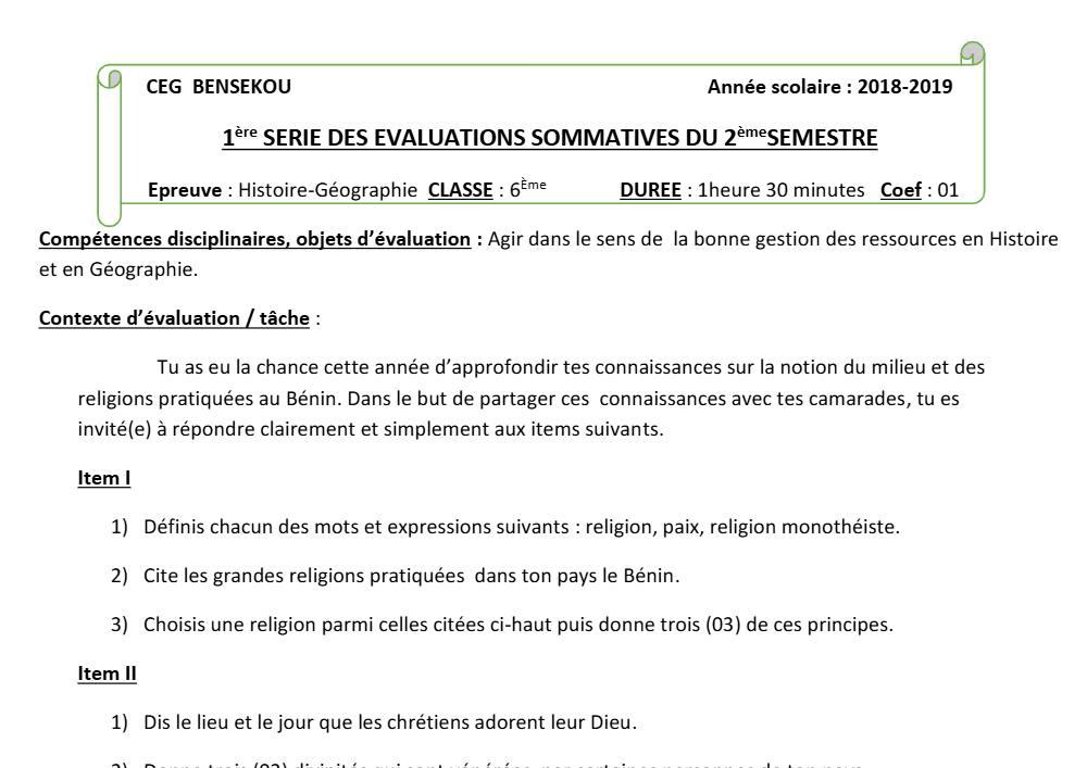 Aperçu de la première page — Histoire Géographie 6e Devoir 1 Semestre 2 CEG Bensekou 2018 2019