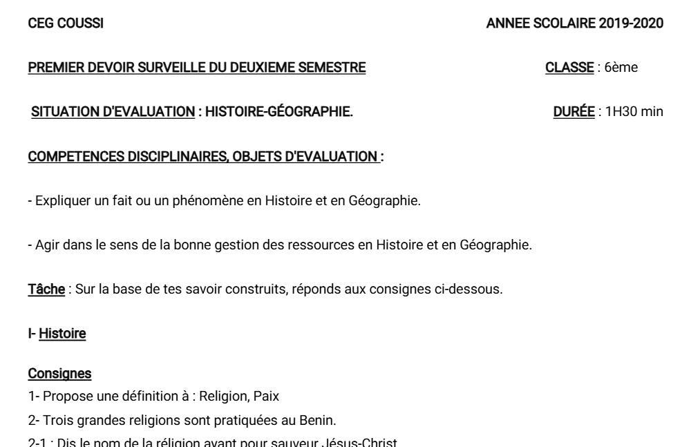 Aperçu de la première page — Histoire Géographie 6e Devoir 1 Semestre 2 CEG Coussi 2019 2020