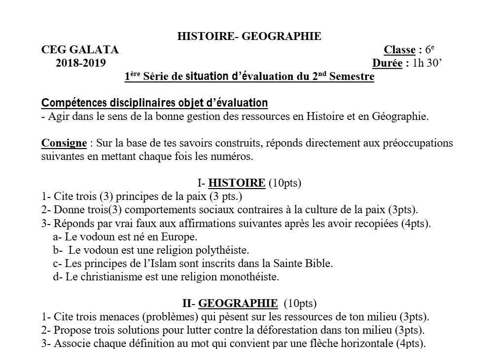 Aperçu de la première page — Histoire Géographie 6e Devoir 1 Semestre 2 CEG Galata 2018 2019