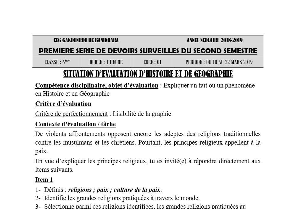 Aperçu de la première page — Histoire Géographie 6e Devoir 1 Semestre 2 CEG Gankounrou 2018 2019