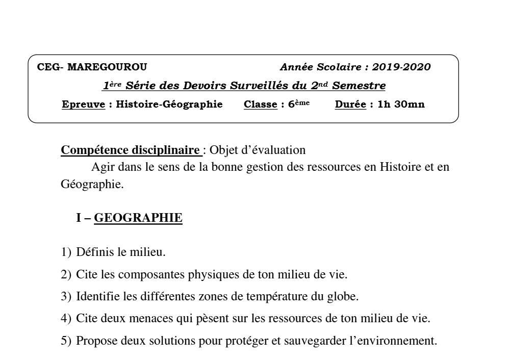 Aperçu de la première page — Histoire Géographie 6e Devoir 1 Semestre 2 CEG Maregourou 2019 2020