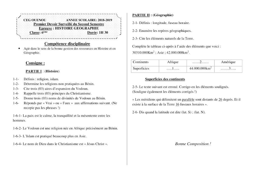 Aperçu de la première page — Histoire Géographie 6e Devoir 1 Semestre 2 CEG Ouenou 2018 2019