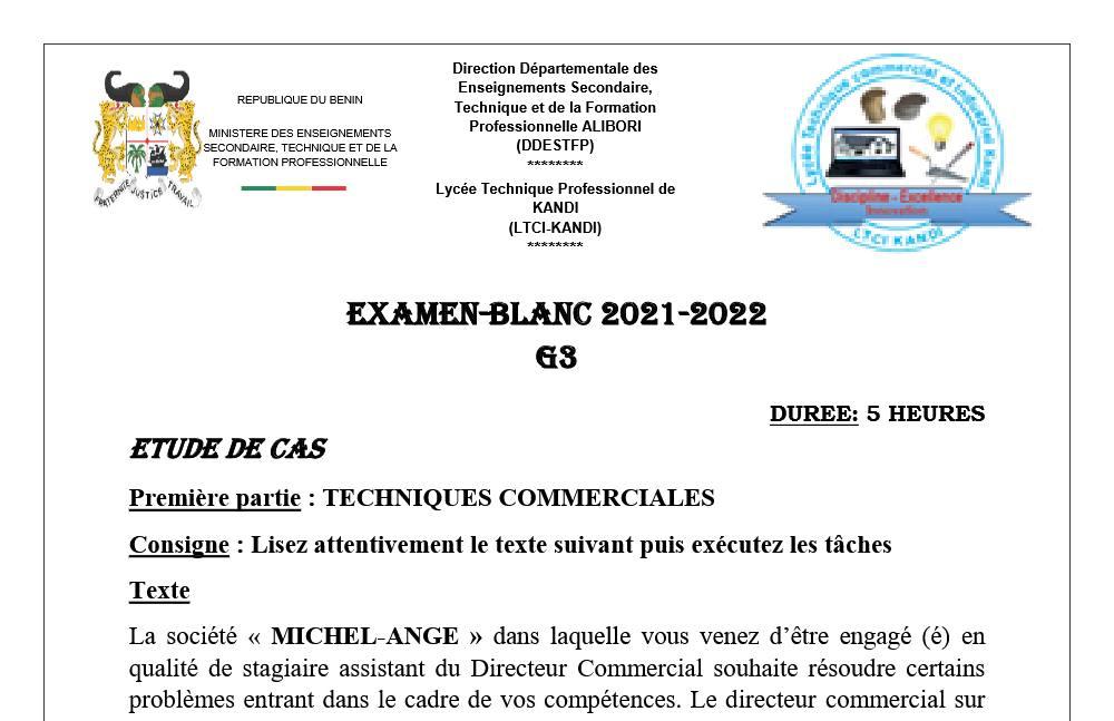Aperçu de la première page — G3 - Examen blanc Terminale (Tle) - TECHNIQUE COMMERCIALE