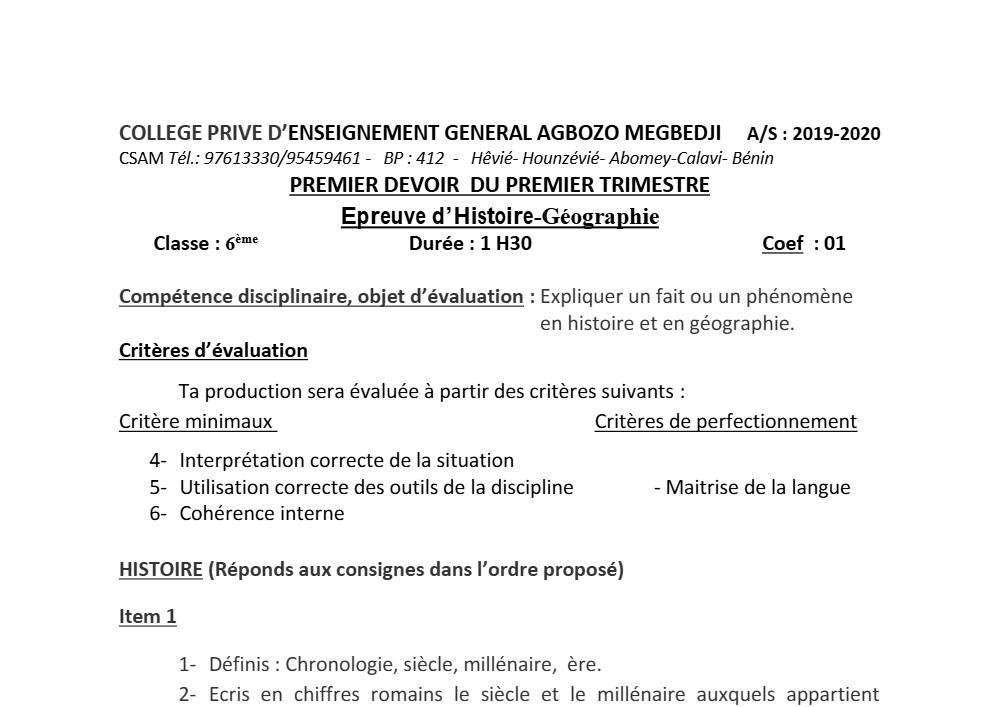 Aperçu de la première page — Histoire Géographie 6e Devoir 1 Trimestre 1 CPEG Agbozo Megbedji 2019 2020