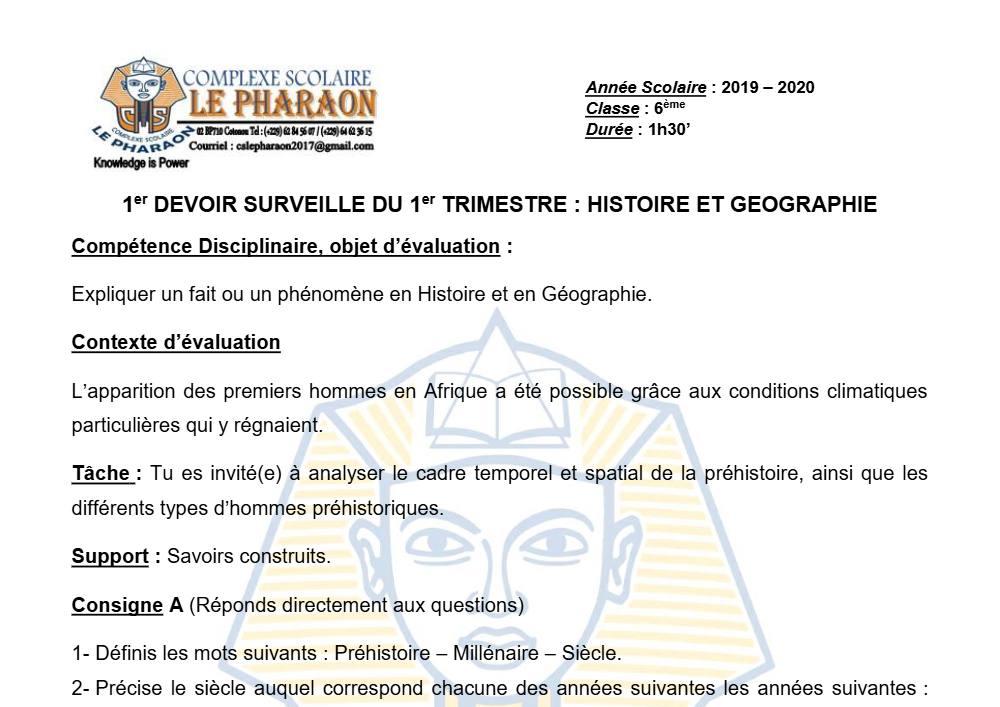 Aperçu de la première page — Histoire Géographie 6e Devoir 1 Trimestre 1 CS Le Pharaon 2019 2020