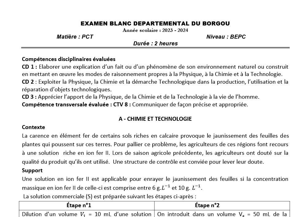 Aperçu de la première page — BEPC BLANC - PCT 3ème - Borgou