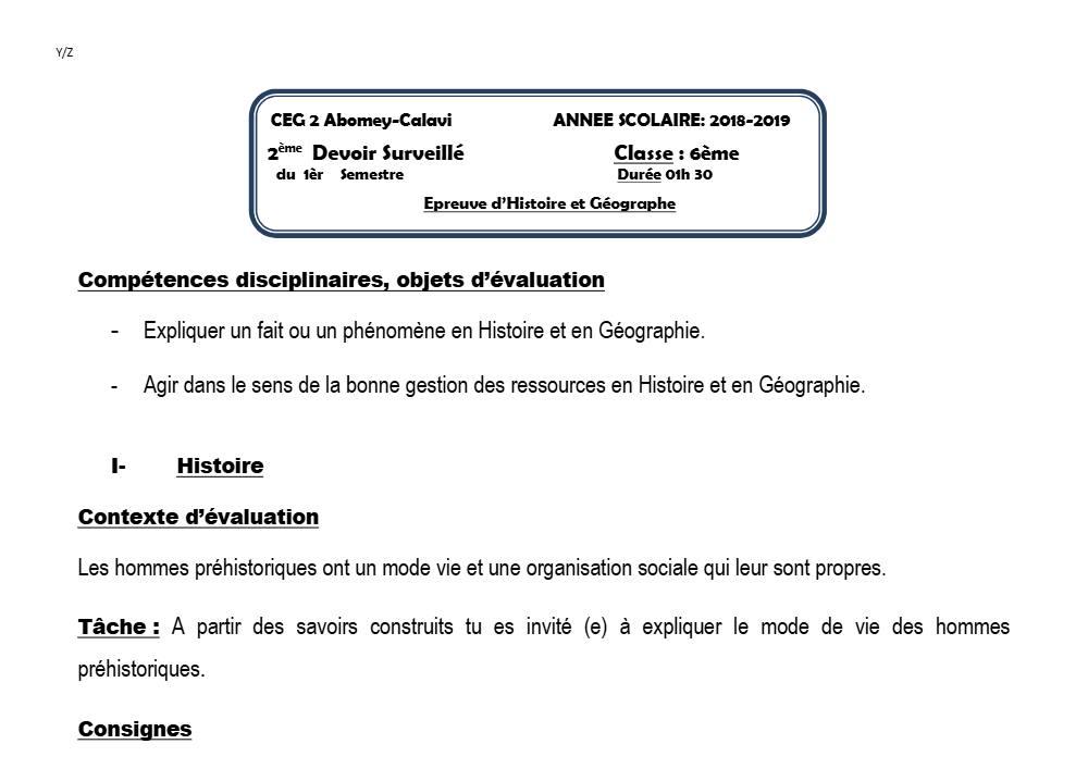 Aperçu de la première page — Histoire Géographie 6e Devoir 2 Semestre 1 CEG2 Abomey Calavi 2018 2019