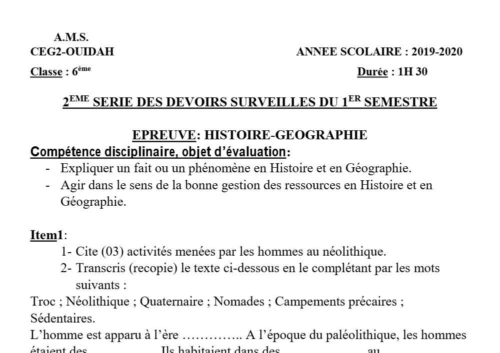 Aperçu de la première page — Histoire Géographie 6e Devoir 2 Semestre 1 CEG2 Ouidah 2019 2020