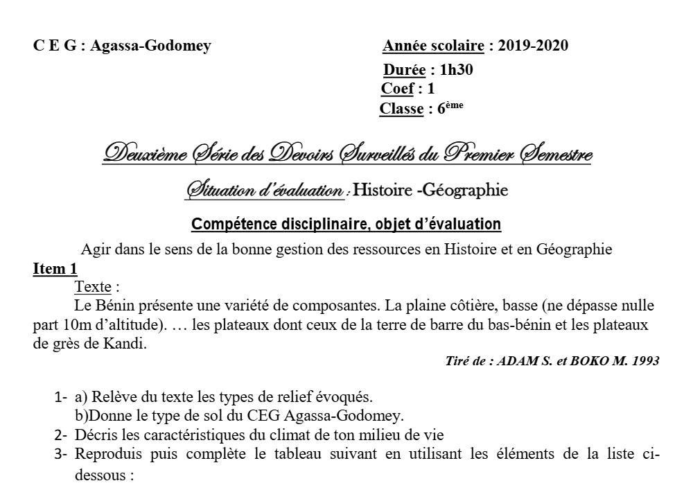 Aperçu de la première page — Histoire Géographie 6e Devoir 2 Semestre 1 CEG Agassa Godomey 2019 2020