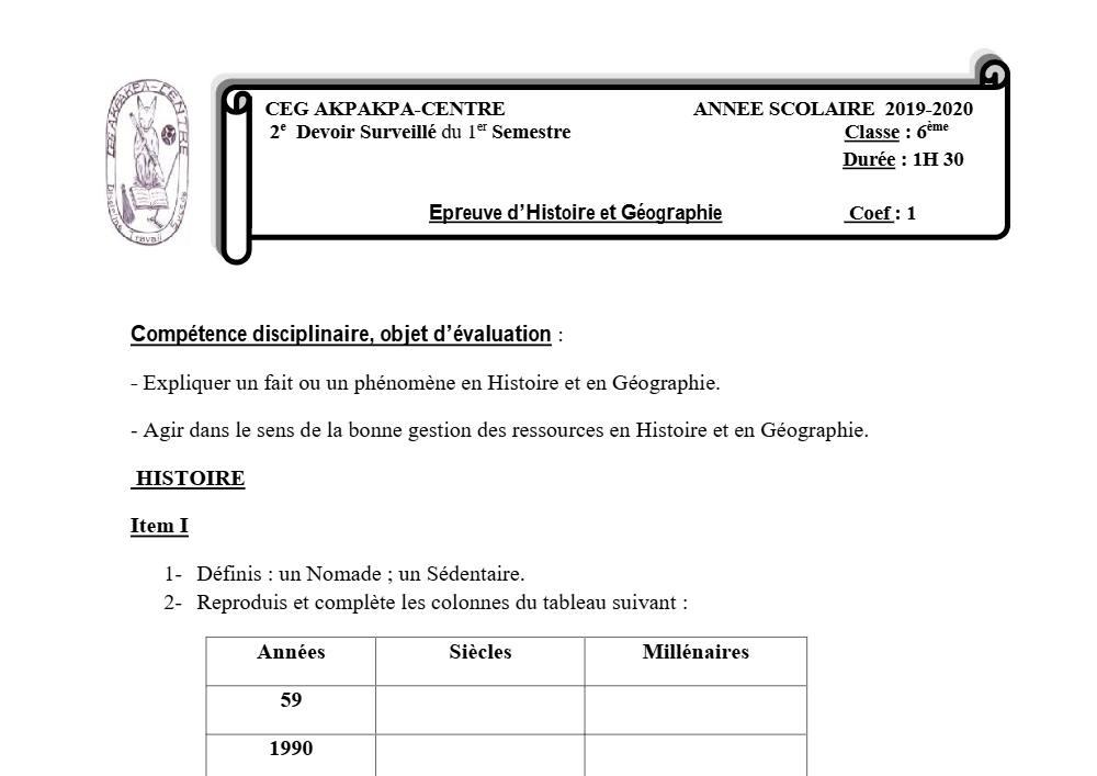 Aperçu de la première page — Histoire Géographie 6e Devoir 2 Semestre 1 CEG Akpakpa 2019 2020
