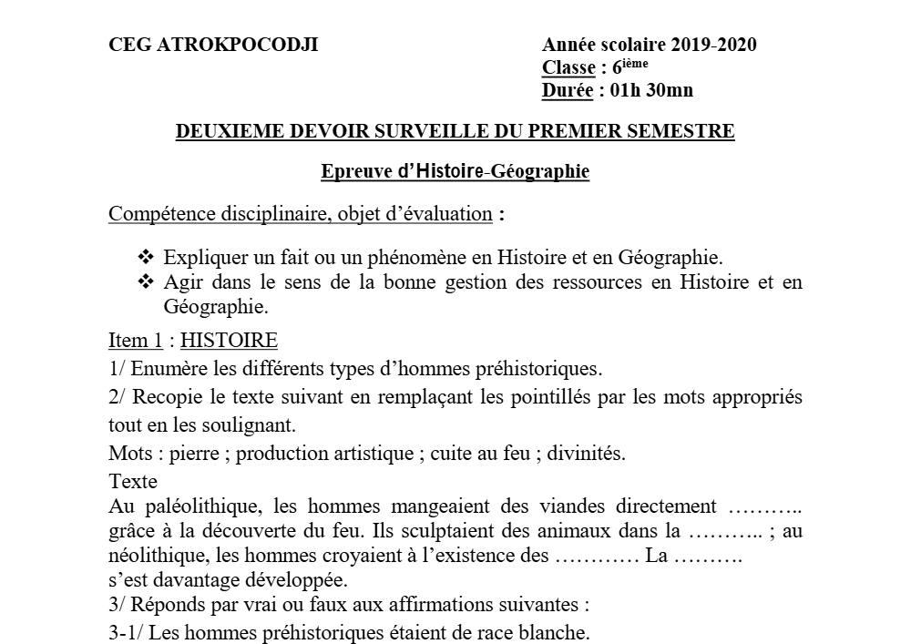 Aperçu de la première page — Histoire Géographie 6e Devoir 2 Semestre 1 CEG Atrokpocodji 2019 2020