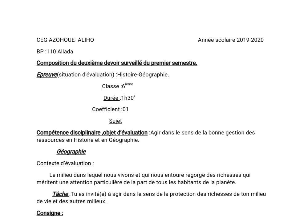 Aperçu de la première page — Histoire Géographie 6e Devoir 2 Semestre 1 CEG Azohoue Aliho 2019 2020