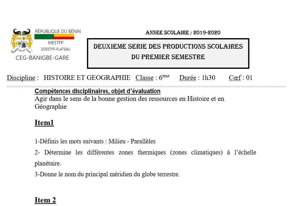 Aperçu de la première page — Histoire Géographie 6e Devoir 2 Semestre 1 CEG Banigbe Gare 2019 2020